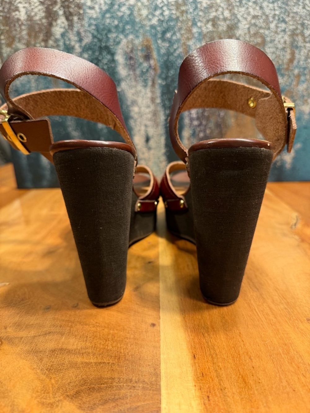 Steve Madden mid 2010s boho leather platform wedge sandals burgundy 9 FAIR - Picture 9 of 16